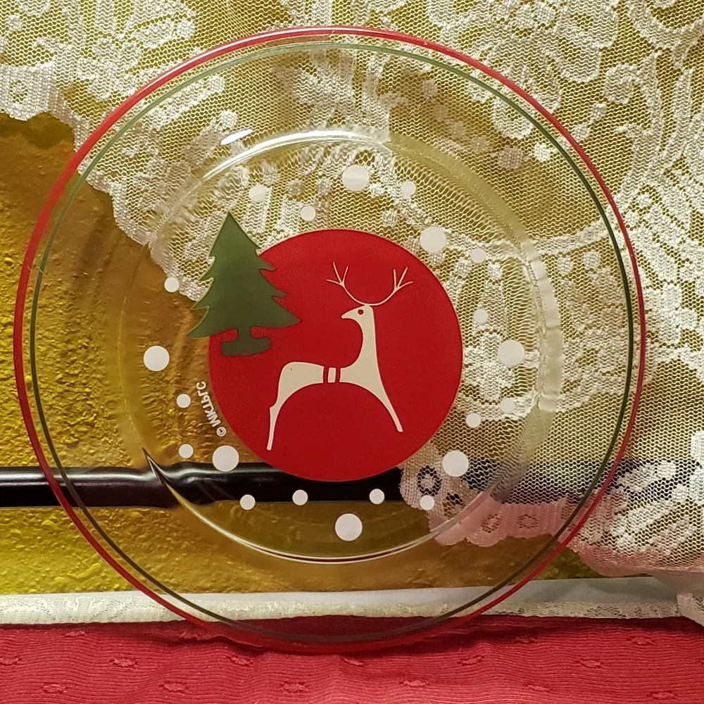 Vtg Dinner Plate Clear Glass Reindeer Holiday Tree